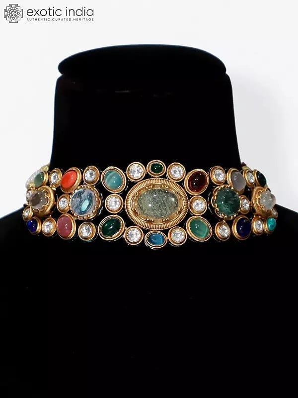 Exotic India Multicolor Designer Stone Studded Choker Necklace Set With Earrings