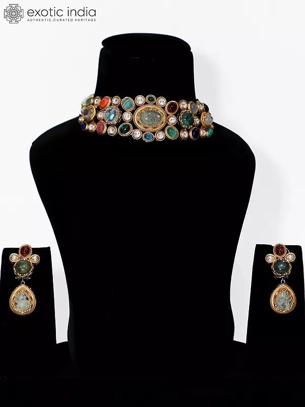exotic india Multicolor Designer Stone Studded Choker Necklace Set With Earrings 