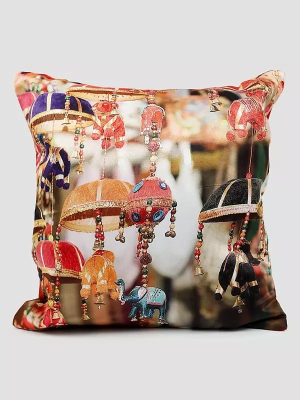 exotic india Multicolor Digital Printed Cushion Cover with Traditional Elephant Umbrella Figures 