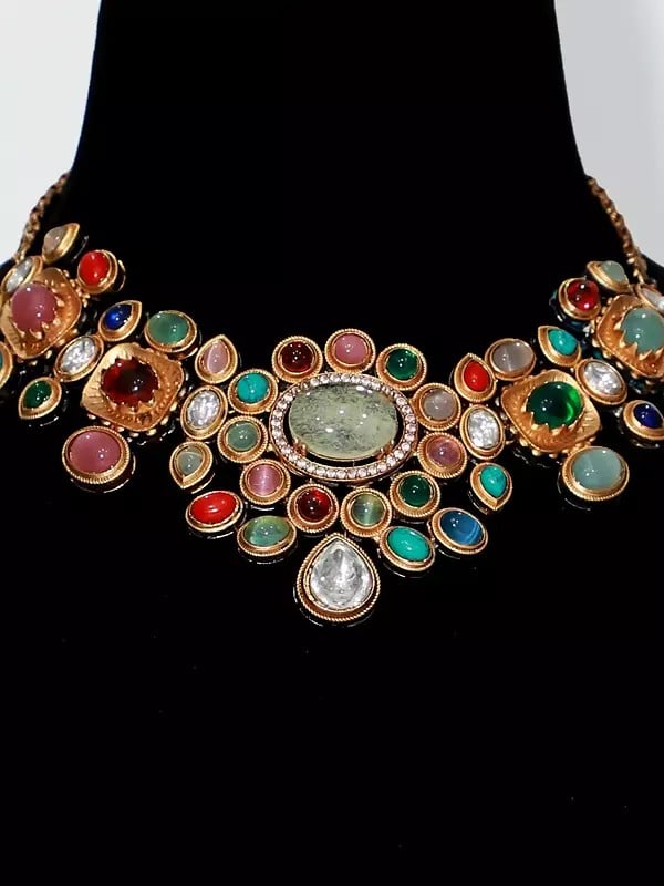 Exotic India Multicolor Elegant Stone Studded Choker Necklace Set With Earrings