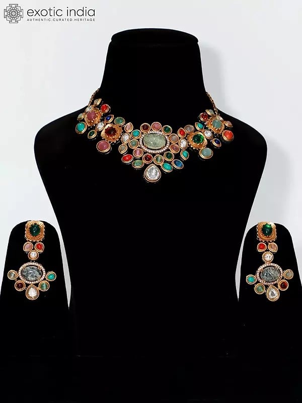 exotic india Multicolor Elegant stone Studded Choker Necklace Set With Earrings 