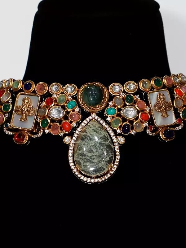 Exotic India Multicolor Embellished Stone Studded Choker Necklace Set With Earrings