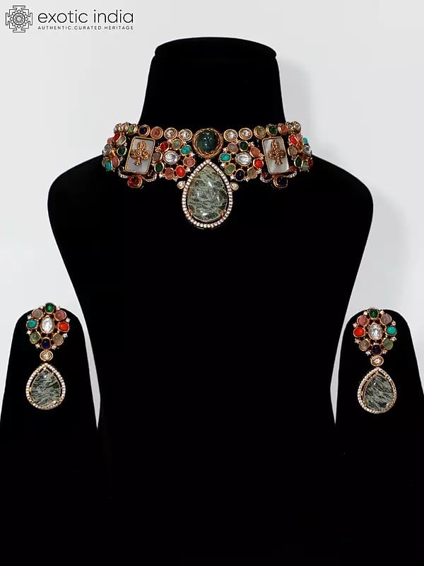 exotic india Multicolor Embellished Stone Studded Choker Necklace Set With Earrings 