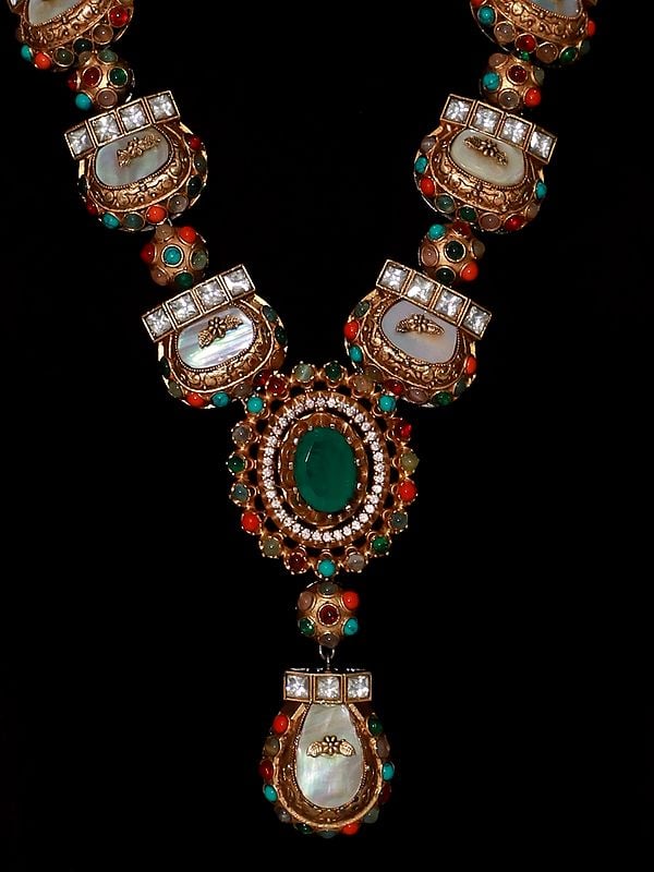 Exotic India Multicolor Emerald Long Stone Studded Necklace Set With Earrings 