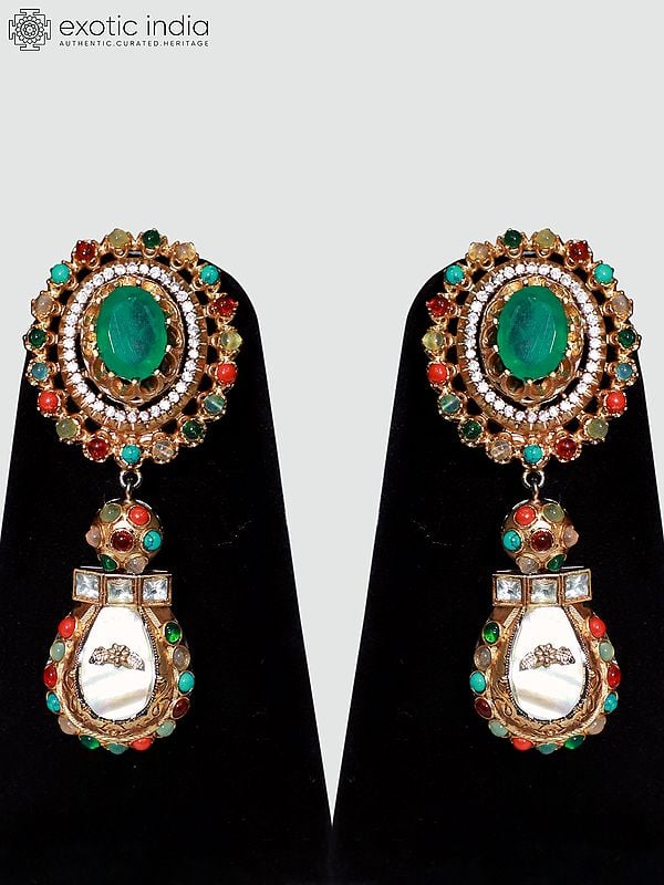 Exotic India Multicolor Emerald Long Stone Studded Necklace Set With Earrings 