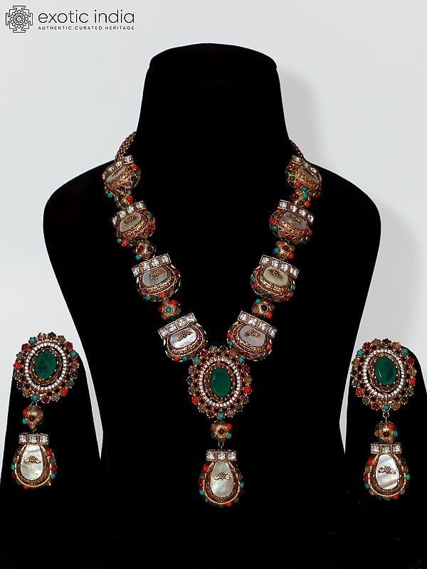 exotic india Multicolor Emerald Long Stone Studded Necklace Set With Earrings 