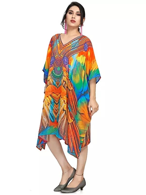 Exotic India Multicolor Feather Printed Georgette Short Kaftan 