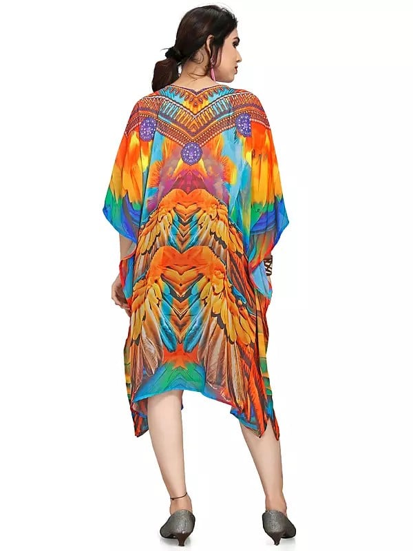Exotic India Multicolor Feather Printed Georgette Short Kaftan 