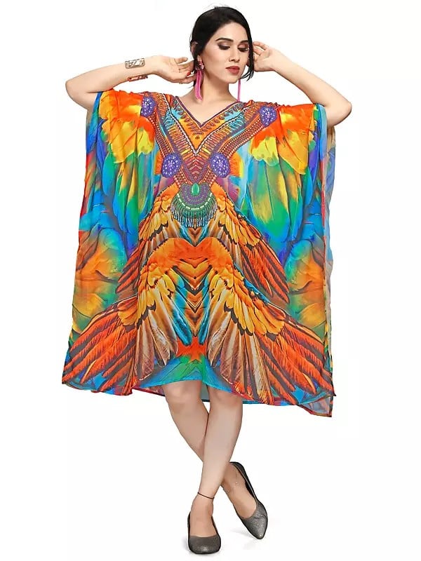 exotic india Multicolor Feather Printed Georgette Short Kaftan 