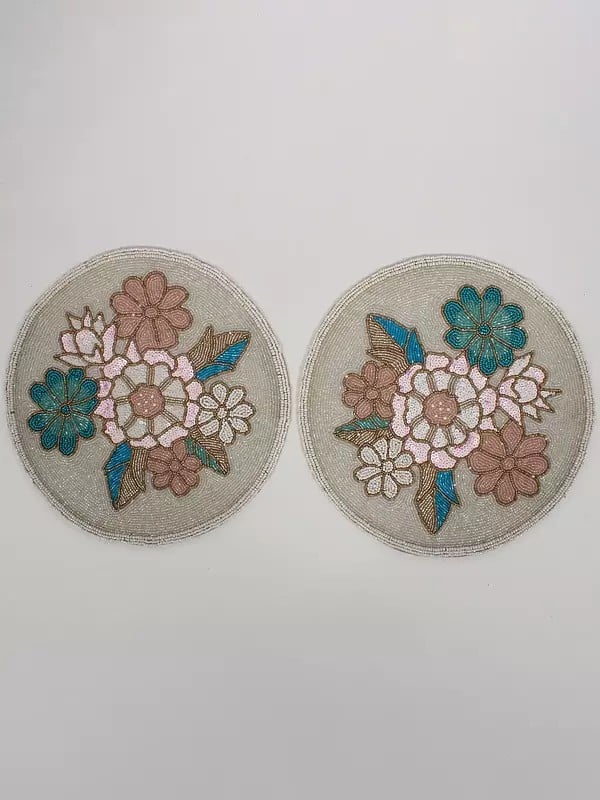 exotic india Multicolor Floral Design Beaded Table Mat (Set of 2)
