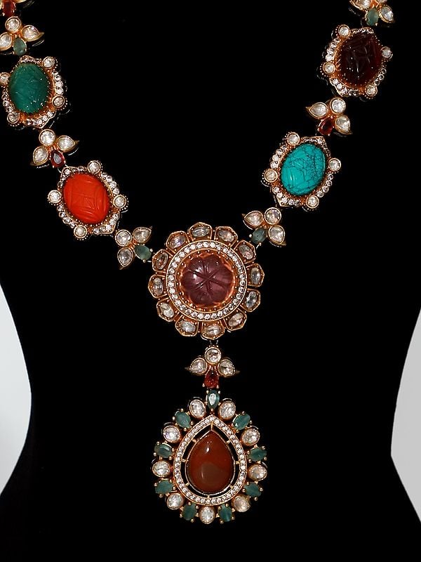 Exotic India Multicolor Floral Design Necklace Set With Earrings | Indian Fashion Jewelry