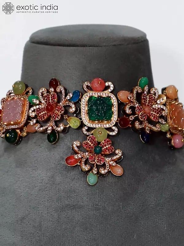 Exotic India Multicolor Floral Design Stone Studded Choker Necklace Set With Earrings