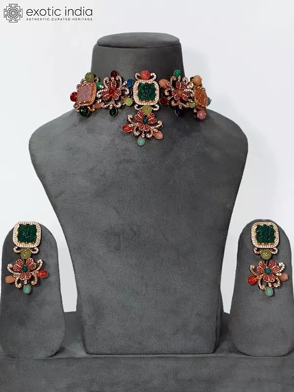 exotic india Multicolor Floral Design Stone Studded Choker Necklace Set With Earrings 