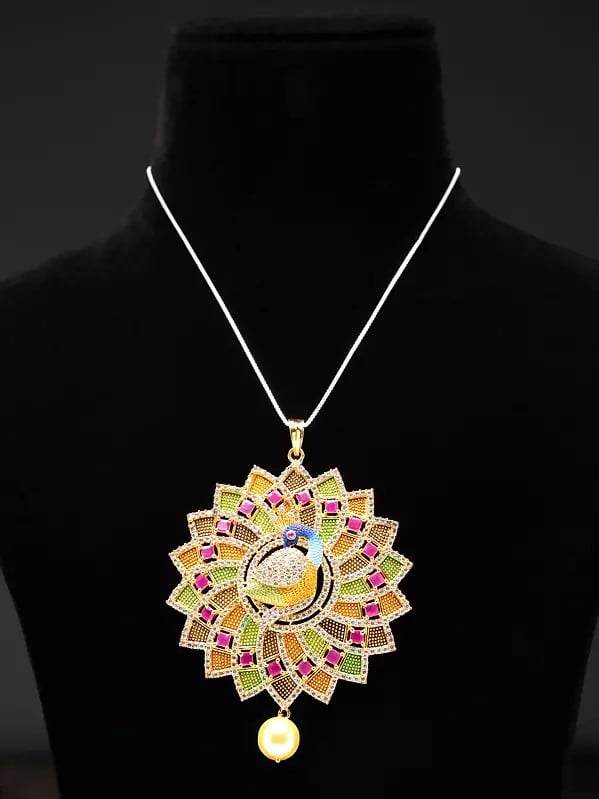 Exotic India Multicolor Floral Peacock Pendant And Earring Set With Ruby And Cubic Zirconia