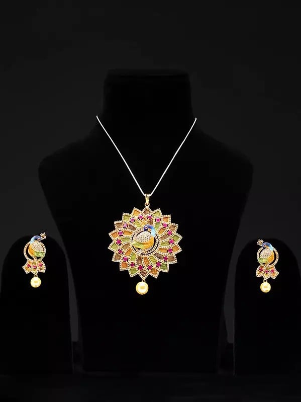 exotic india Multicolor Floral Peacock Pendant and Earring Set with Ruby and Cubic Zirconia 