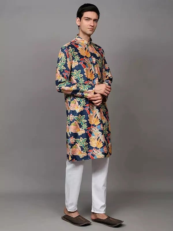 Exotic India Multicolor Floral Printed Chain Closure Velvet Kurta With Sequins Work And Cotton Pajama 