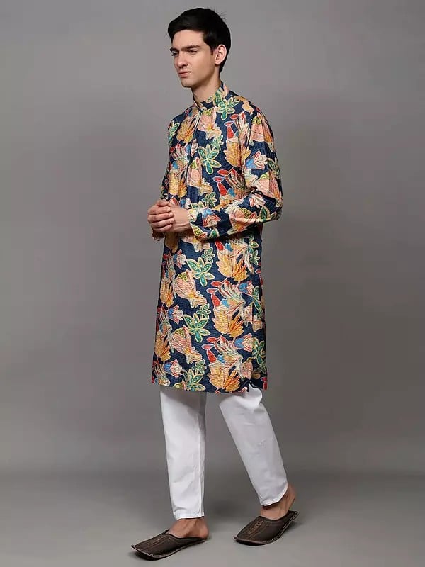 Exotic India Multicolor Floral Printed Chain Closure Velvet Kurta With Sequins Work And Cotton Pajama 