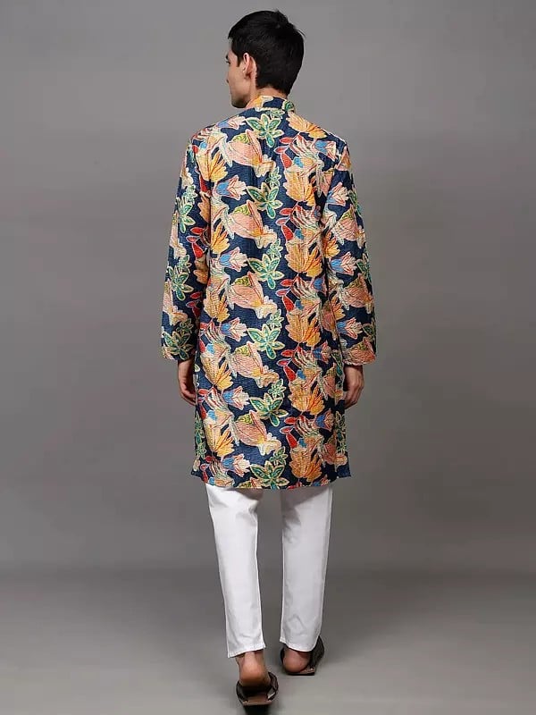 Exotic India Multicolor Floral Printed Chain Closure Velvet Kurta With Sequins Work And Cotton Pajama 