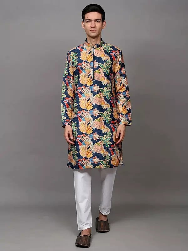 exotic india Multicolor Floral Printed Chain Closure Velvet Kurta with Sequins work and Cotton Pajama 