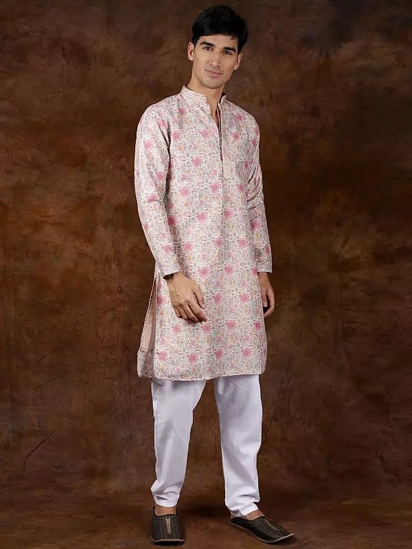 Exotic India Multicolor Floral Printed Pure Cotton Kurta Pajama Set With Gota Patti On Neck 