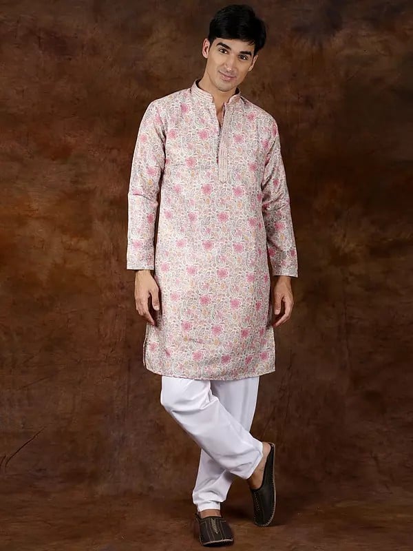 Exotic India Multicolor Floral Printed Pure Cotton Kurta Pajama Set With Gota Patti On Neck 