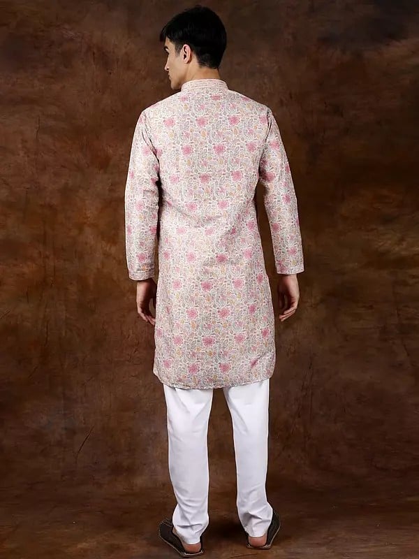 Exotic India Multicolor Floral Printed Pure Cotton Kurta Pajama Set With Gota Patti On Neck 
