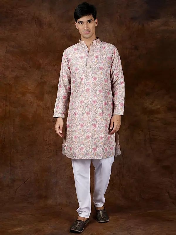 exotic india Multicolor Floral Printed Pure Cotton Kurta Pajama Set With Gota Patti on Neck 