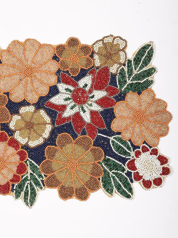 Exotic India Multicolor Floral Table Runner With Glass Beads Embroidery 