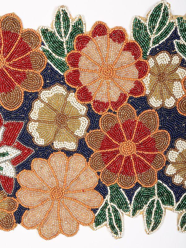 Exotic India Multicolor Floral Table Runner With Glass Beads Embroidery 