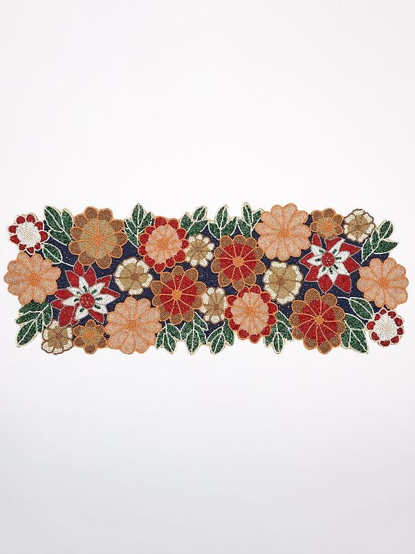 exotic india Multicolor Floral Table Runner with Glass Beads Embroidery 