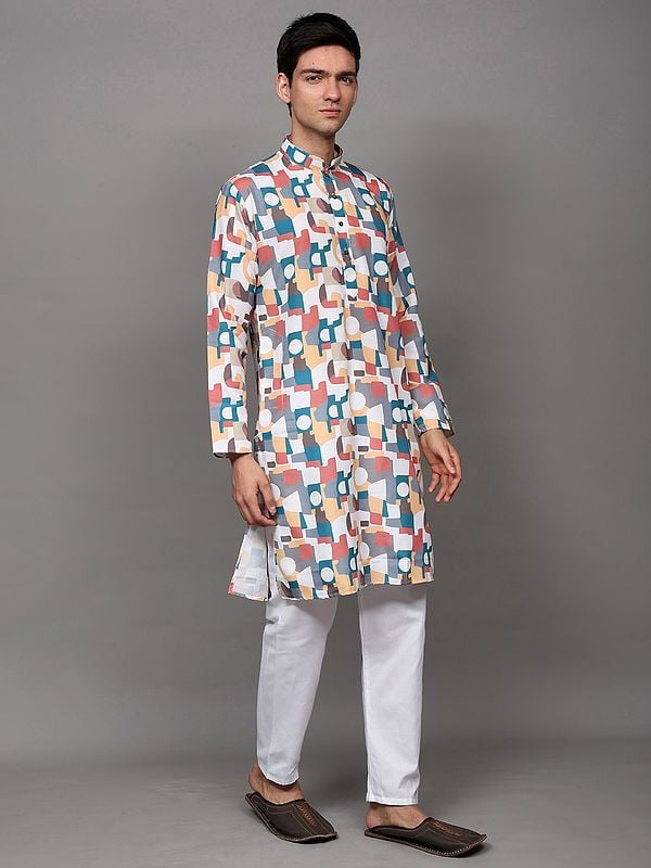 Exotic India Multicolor Geometric Pattern Print Kurta With White Pajama 