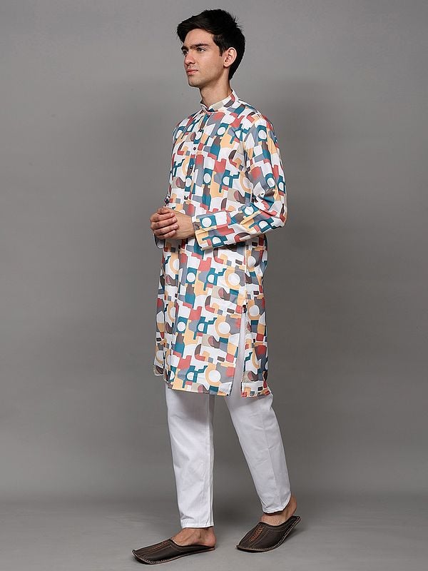 Exotic India Multicolor Geometric Pattern Print Kurta With White Pajama 