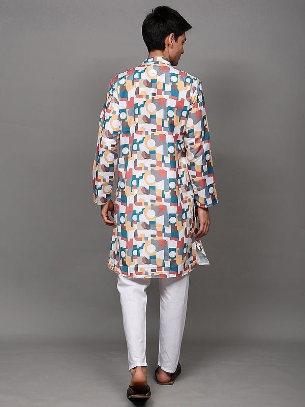 Exotic India Multicolor Geometric Pattern Print Kurta With White Pajama 