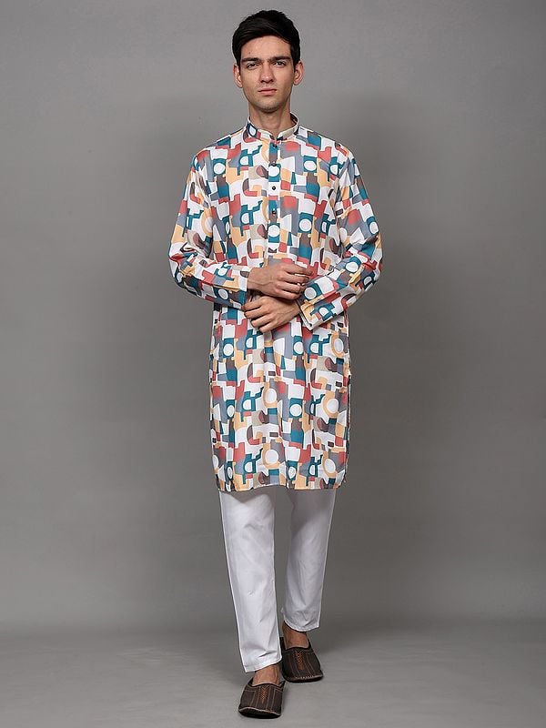 exotic india Multicolor Geometric Pattern Print Kurta with White Pajama 