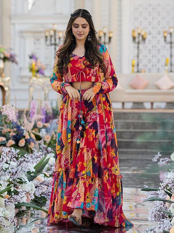 Exotic India Multicolor Heavy Airtex Chinon Digital Print Full Round Flair 3 Piece Koti Style Indo-Western Suit 