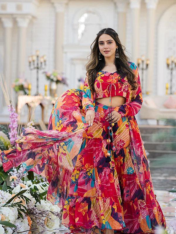 Exotic India Multicolor Heavy Airtex Chinon Digital Print Full Round Flair 3 Piece Koti Style Indo-Western Suit 