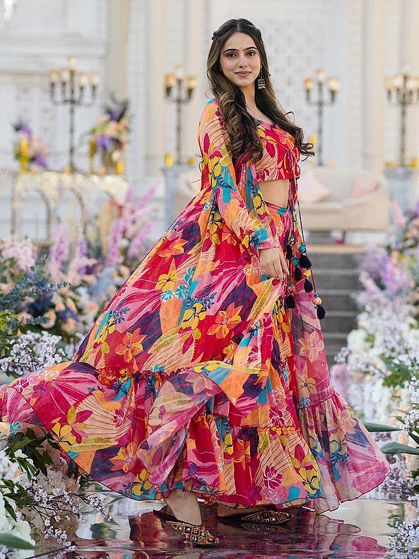 Exotic India Multicolor Heavy Airtex Chinon Digital Print Full Round Flair 3 Piece Koti Style Indo-Western Suit 