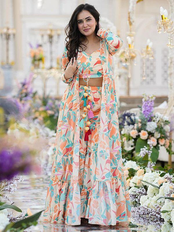 Exotic India Multicolor Heavy Airtex Chinon Digital Print Full Round Flair 3 Piece Koti Style Indo-Western Suit 