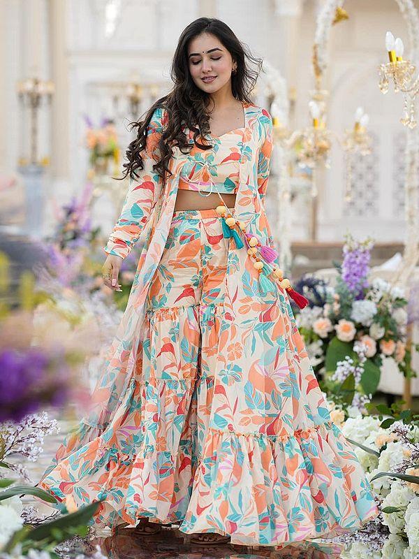 Exotic India Multicolor Heavy Airtex Chinon Digital Print Full Round Flair 3 Piece Koti Style Indo-Western Suit 