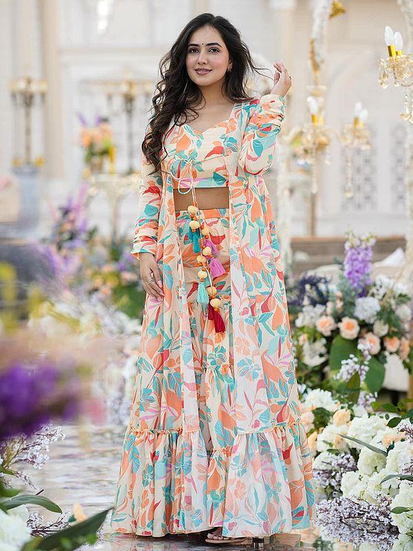 exotic india Multicolor Heavy Airtex Chinon Digital Print Full Round Flair 3 Piece Koti Style Indo-Western Suit