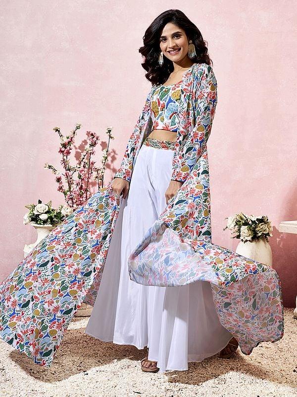 Exotic India Multicolor Heavy Crepe Printed Attractive Party Wear Indo-western Suit With Long Shrug 