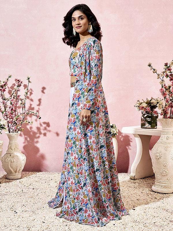 Exotic India Multicolor Heavy Crepe Printed Attractive Party Wear Indo-western Suit With Long Shrug 