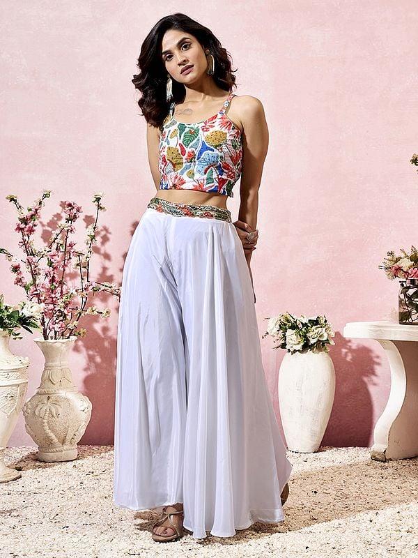 Exotic India Multicolor Heavy Crepe Printed Attractive Party Wear Indo-western Suit With Long Shrug 