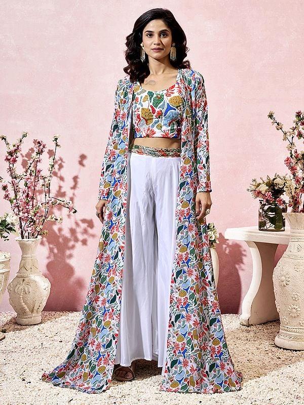 exotic india Multicolor Heavy Crepe Printed Attractive Party Wear Indo-western suit with long shrug 