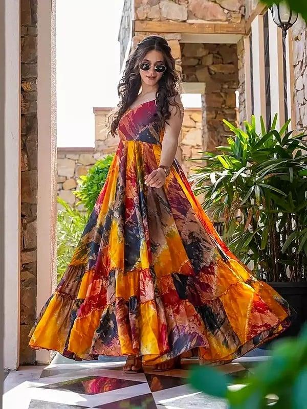 Exotic India Multicolor Heavy Rayon Digital Print Fully Flared Anarkali Gown For Party Occasion