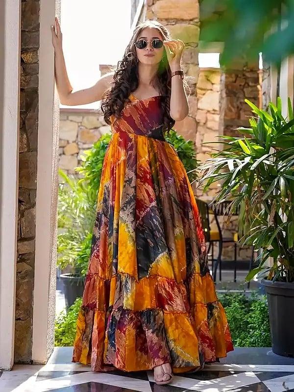 Exotic India Multicolor Heavy Rayon Digital Print Fully Flared Anarkali Gown For Party Occasion