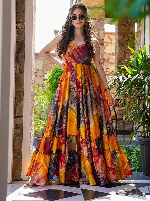 exotic india Multicolor Heavy Rayon Digital Print Fully Flared Anarkali Gown For Party Occasion 