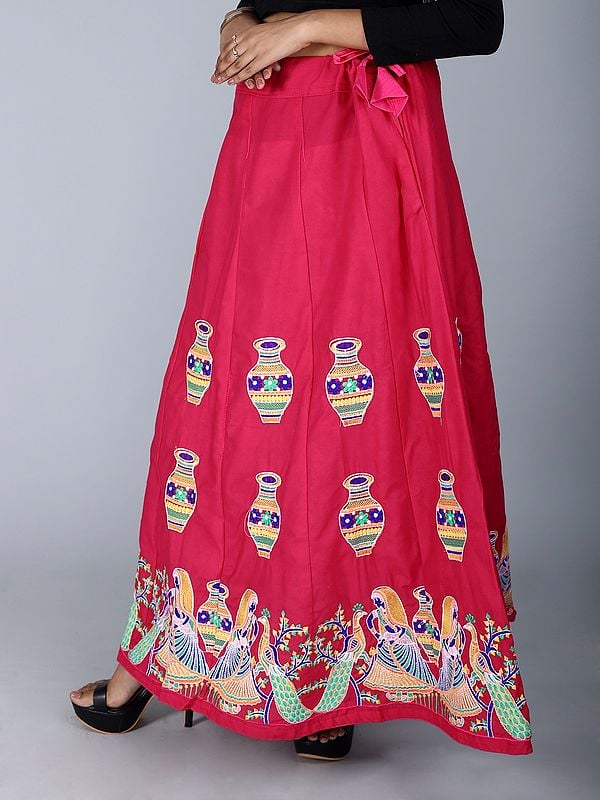 Exotic India Multicolor Intricate Embroidered Ghagra Skirt From Gujarat With Floral Peacock Motif