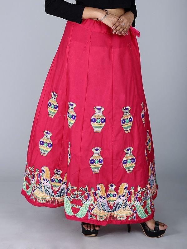 Exotic India Multicolor Intricate Embroidered Ghagra Skirt From Gujarat With Floral Peacock Motif