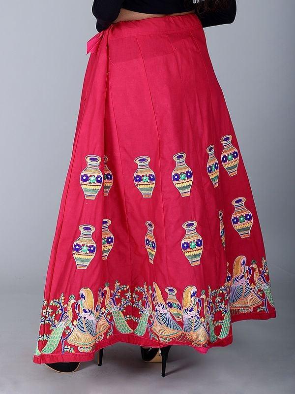 Exotic India Multicolor Intricate Embroidered Ghagra Skirt From Gujarat With Floral Peacock Motif